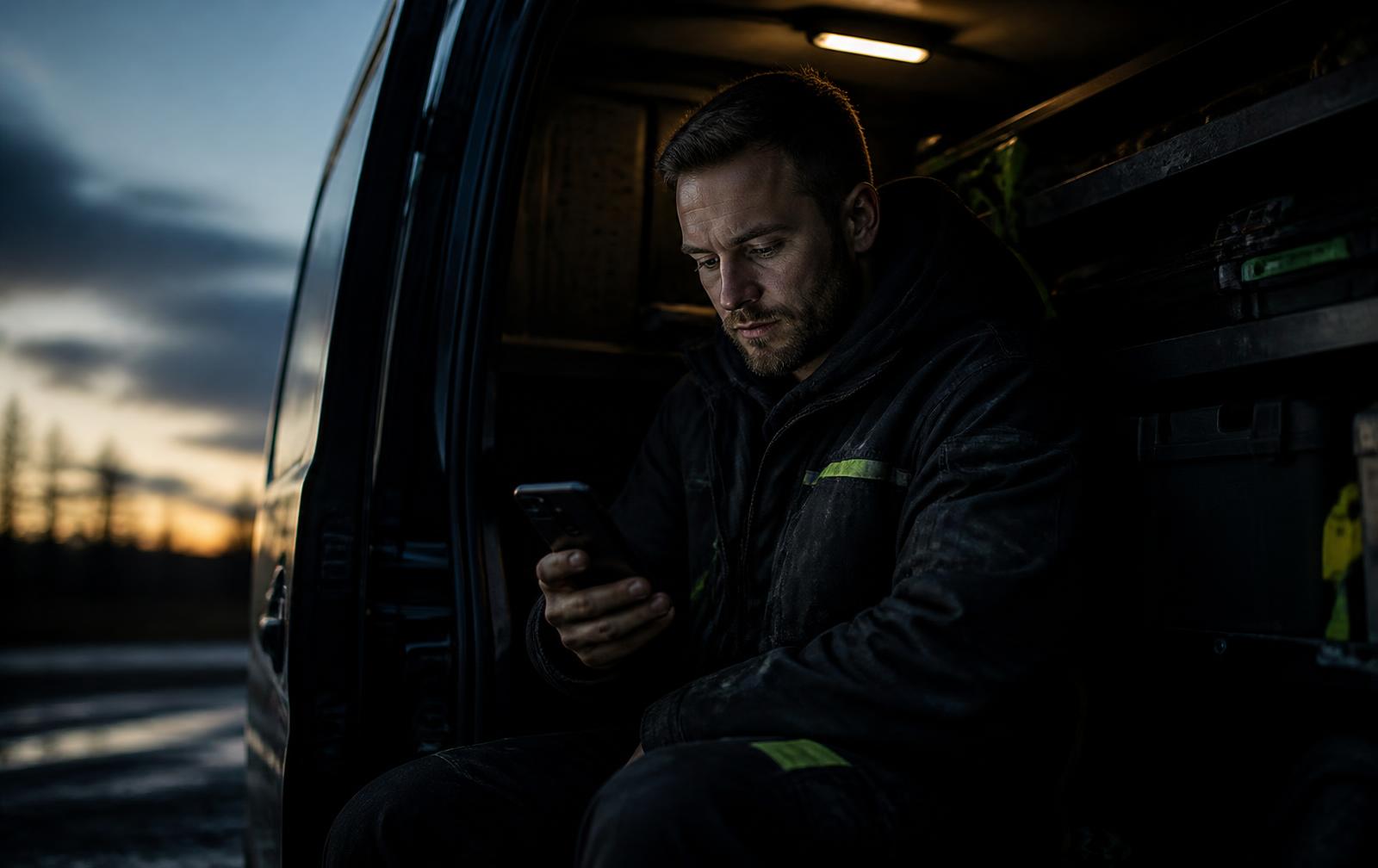Hantverkare som tar emot en kundförfrågan i mobilen